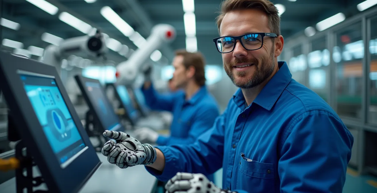 Arbeiter und kollaborativer Roboter arbeiten gemeinsam an einer Produktionslinie