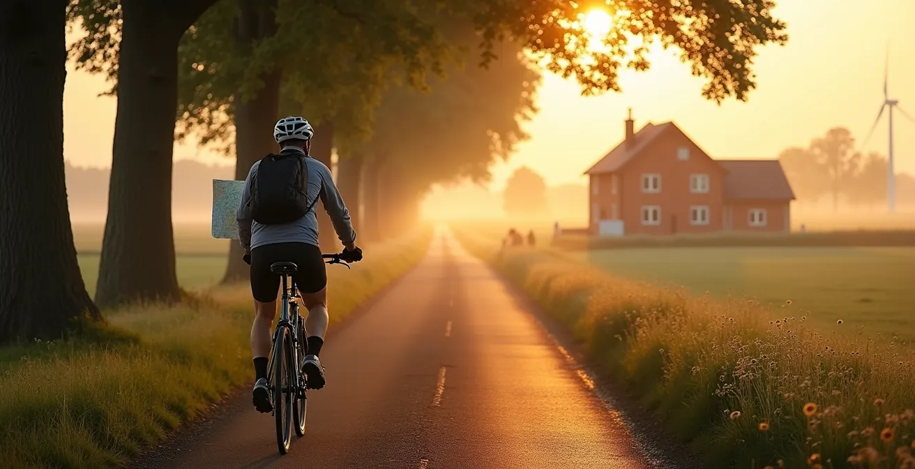 Radfahrer erkundet einsame Landstraße in der Uckermark bei Sonnenaufgang