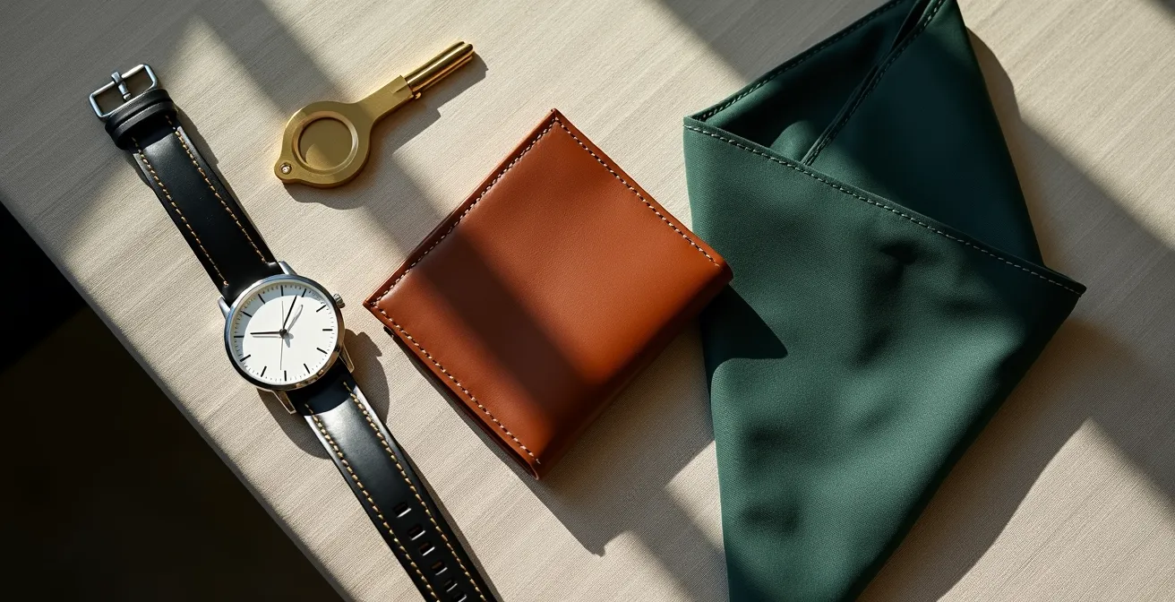 Elegante Anordnung hochwertiger Accessoires auf neutralem Hintergrund