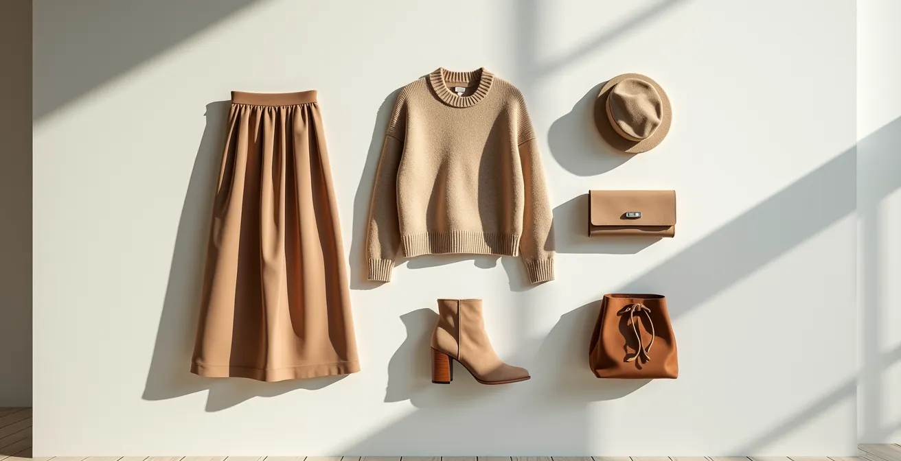 Elegante monochrome Outfit-Komposition in verschiedenen Beigetönen