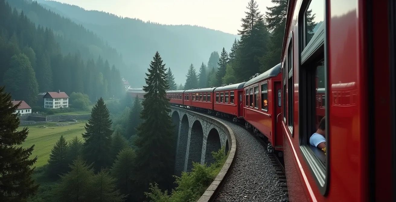 Regionalzug durchquert malerische Schwarzwaldlandschaft mit Viadukten