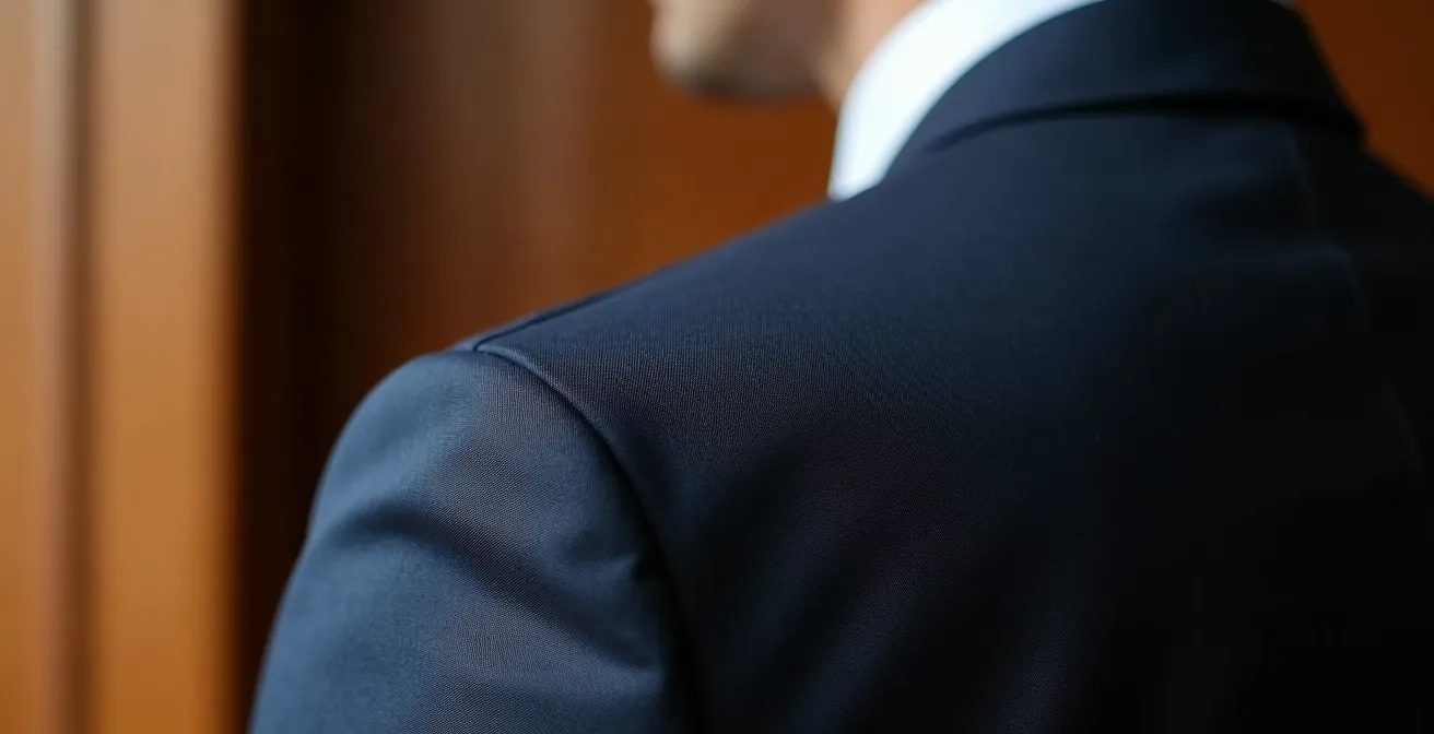 Nahaufnahme eines maßgeschneiderten Anzugs mit sichtbaren Qualitätsdetails an der Schulternaht und am Revers.