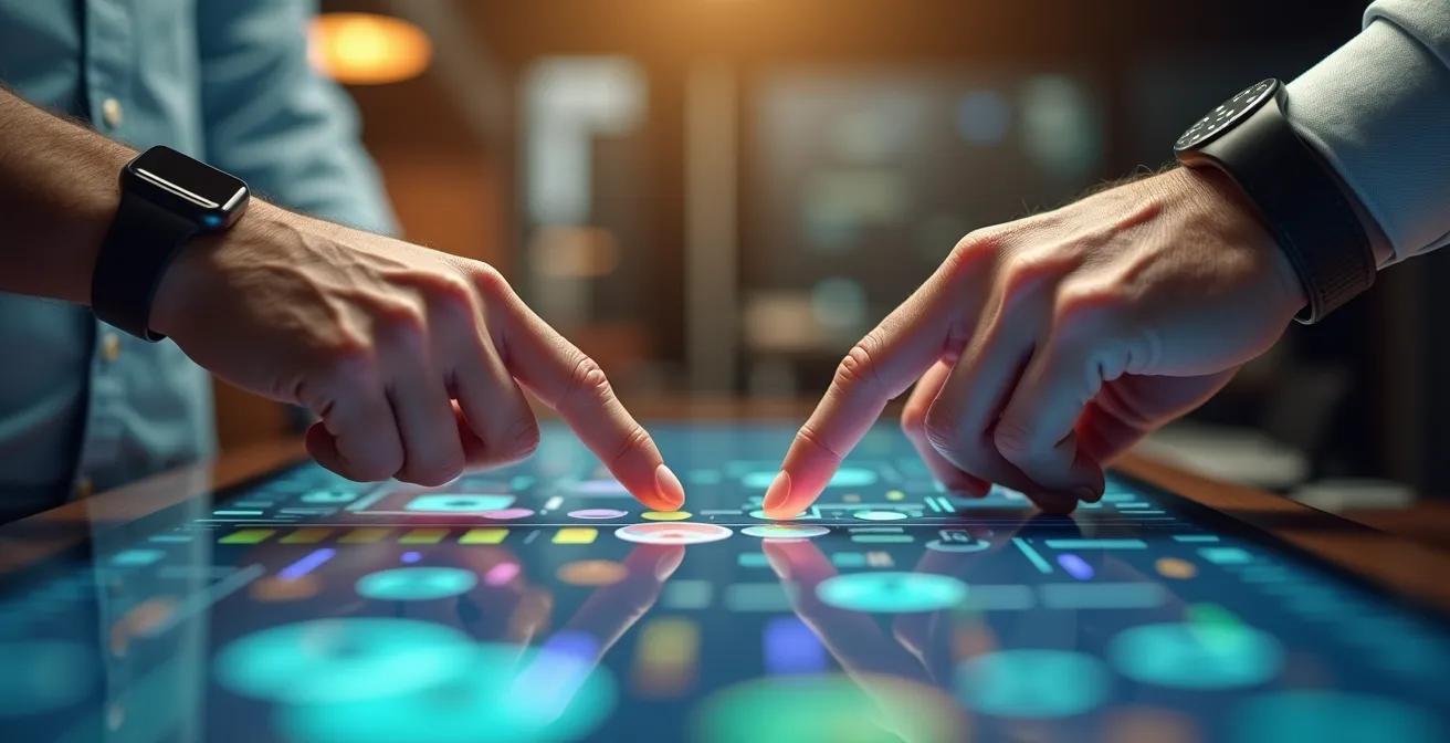 Junge Mitarbeiterin erklärt erfahrenem Manager digitale Tools in entspannter Büroatmosphäre