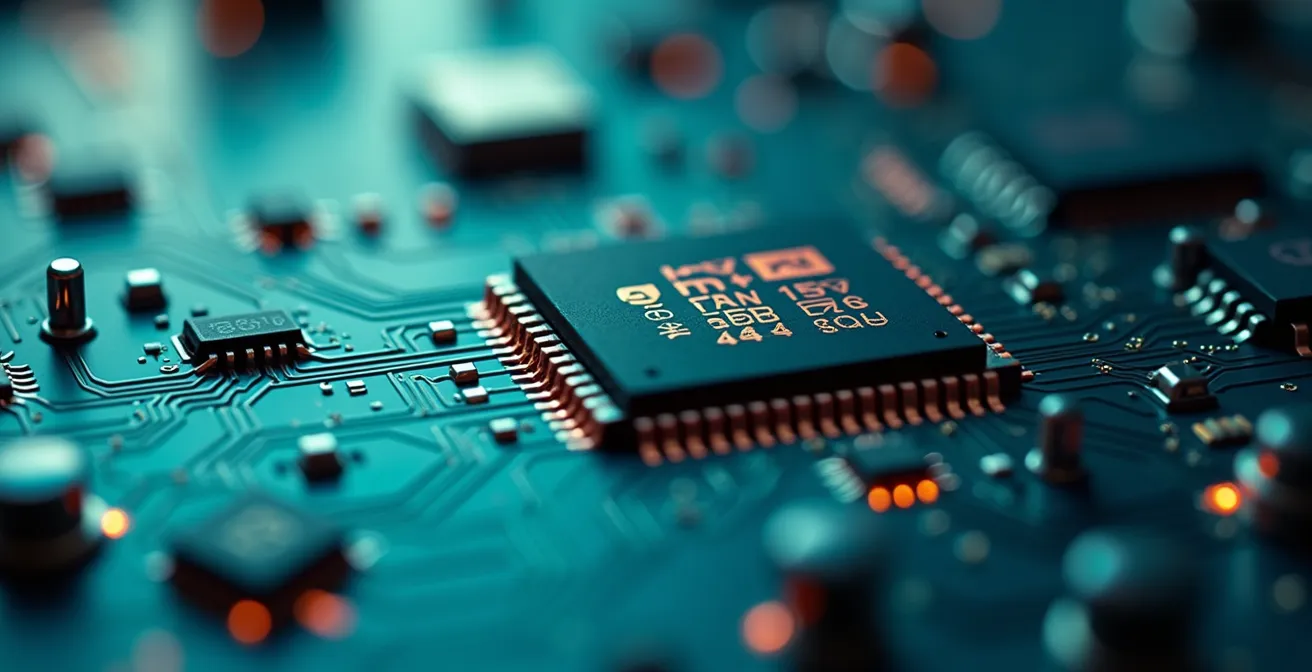 Makroaufnahme eines IoT-Sensors mit sichtbarer Mikroarchitektur und Verbindungspunkten