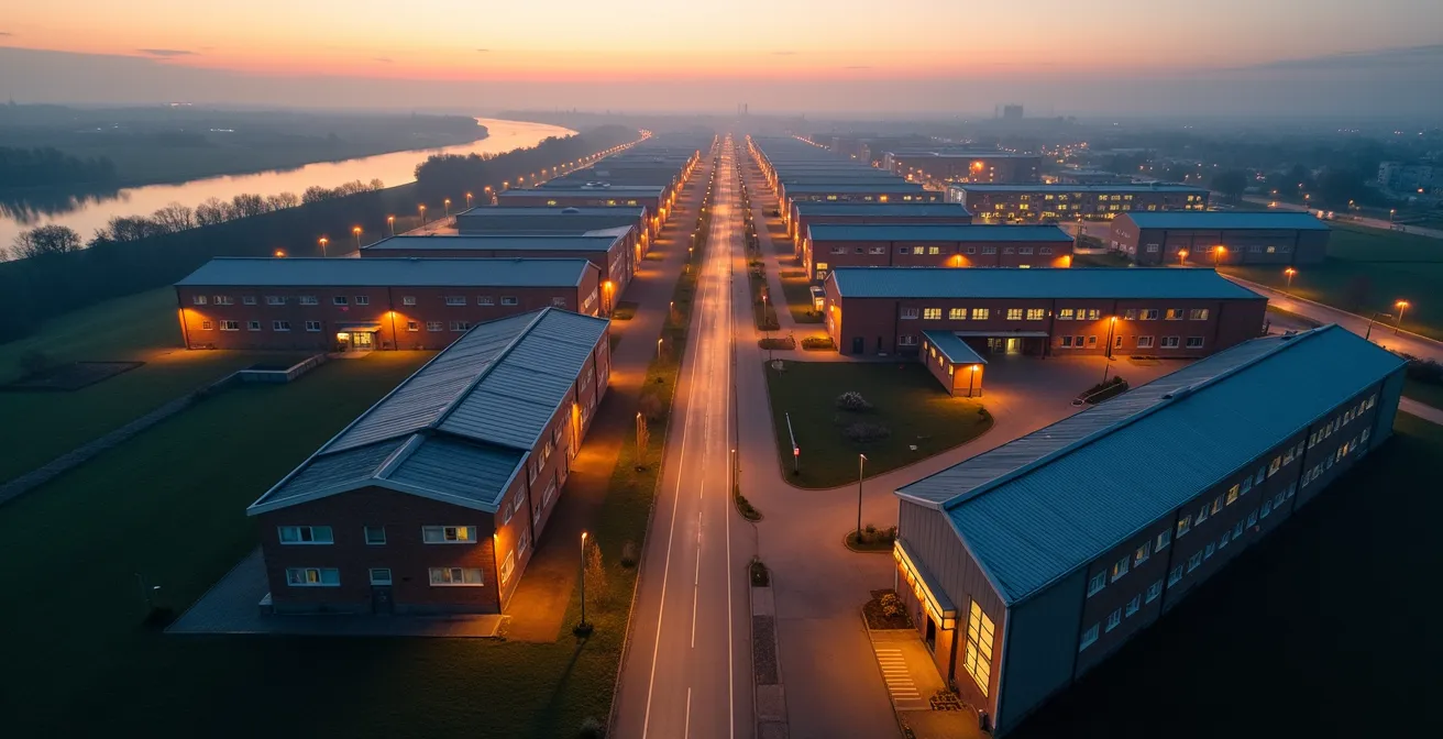 Visualisierung der Wachstumsphasen eines skalierbaren Geschäftsmodells von einer kleinen Werkstatt zu einem großen Industriekomplex
