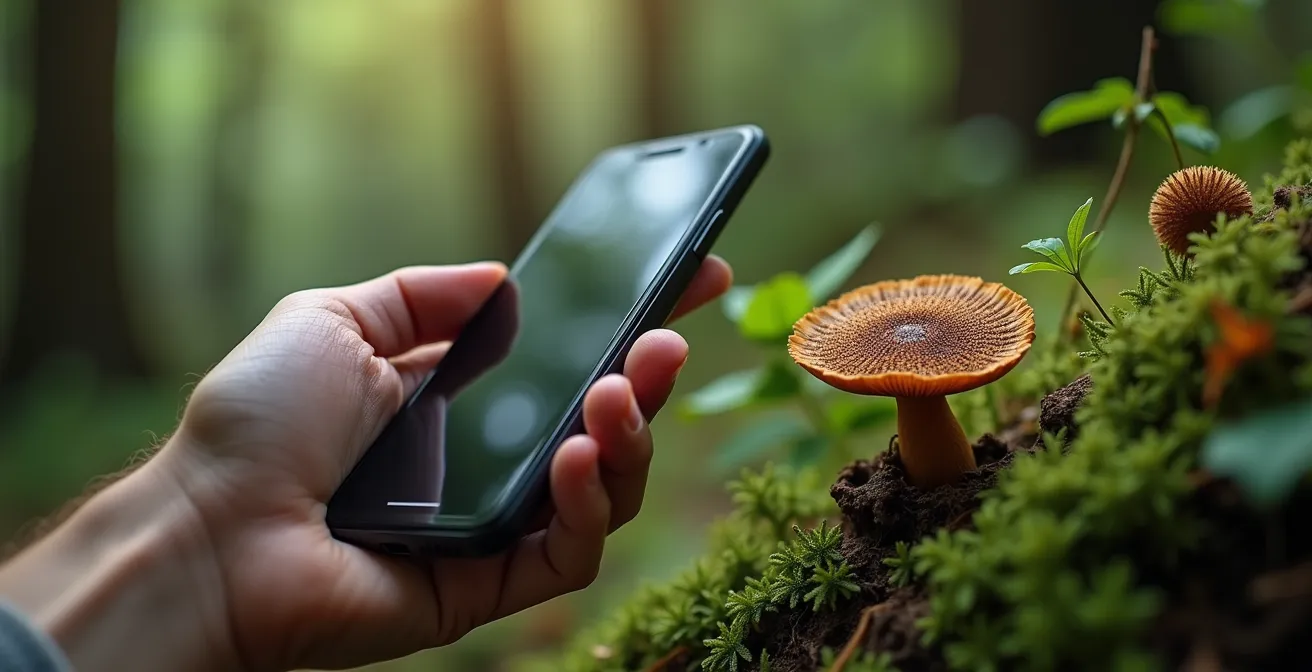 Nahaufnahme einer Hand mit Smartphone beim Fotografieren einer Waldpflanze