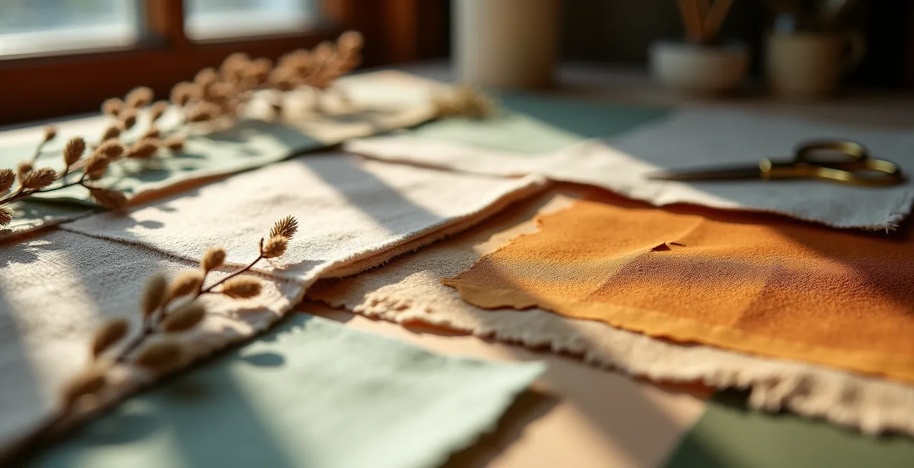 Detailaufnahme eines Moodboards mit verschiedenen Stoffmustern und Farbpaletten auf Holztisch