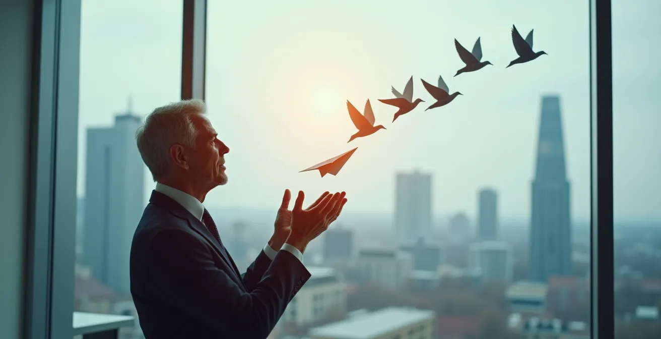 Symbolische Darstellung des Übergangs vom Gründer zum strategischen Manager, der ein Papierflugzeug loslässt, das sich in einen Vogelschwarm verwandelt