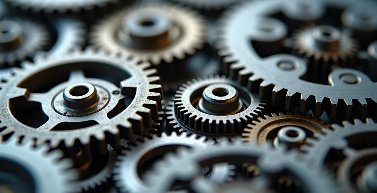 Detailaufnahme eines vernetzten Ökosystems aus präzisen mechanischen Teilen, das einen unkopierbaren Wettbewerbsvorteil symbolisiert.