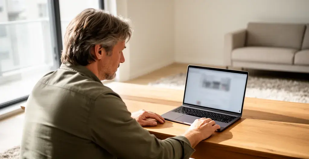 Person recherchiert Immobilienpreise am Laptop in modernem Wohnzimmer – Marktanalyse Zürich