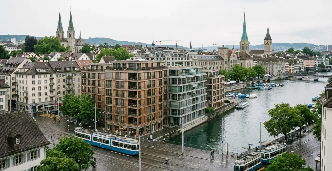 Zürcher Stadtpanorama mit modernen Wohngebäuden entlang der Limmat – Immobilienmarkt Schweiz
