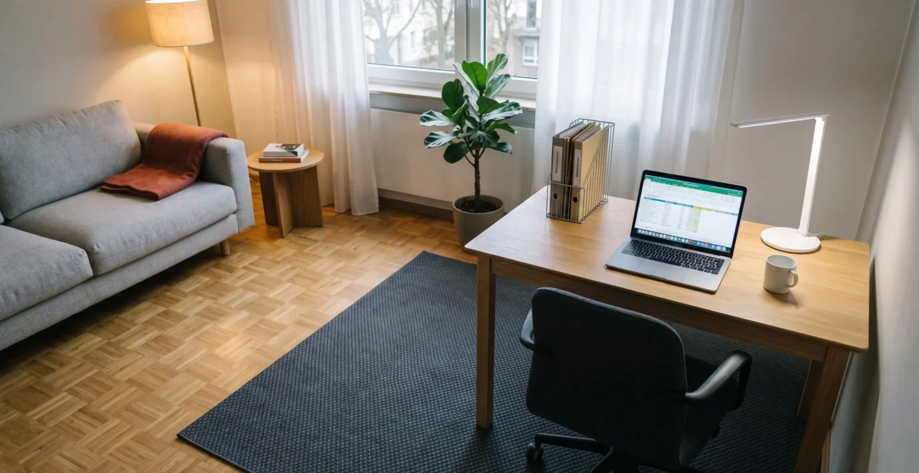 Draufsicht auf deutschen Wohnraum mit durch dunklen Teppich abgegrenztem Arbeitsbereich mit Schreibtisch und kühler LED-Beleuchtung, übergehend in Wohnbereich auf Parkett mit warmem Lampenlicht