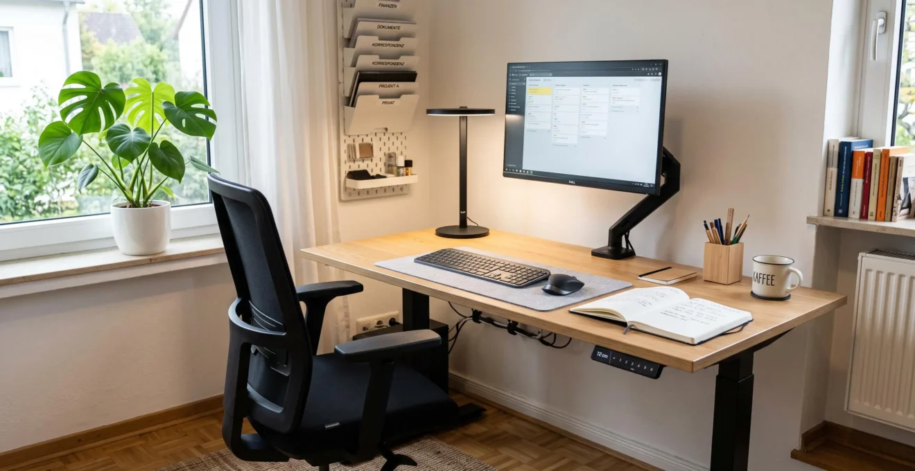 Ergonomischer Heimarbeitsplatz in deutscher Wohnung mit höhenverstellbarem Schreibtisch aus hellem Holz, schwarzem ergonomischem Stuhl, Monitor auf Augenhöhe, LED-Schreibtischlampe, organisiertem Kabelmanagement und Monstera-Pflanze bei natürlichem Fensterlicht