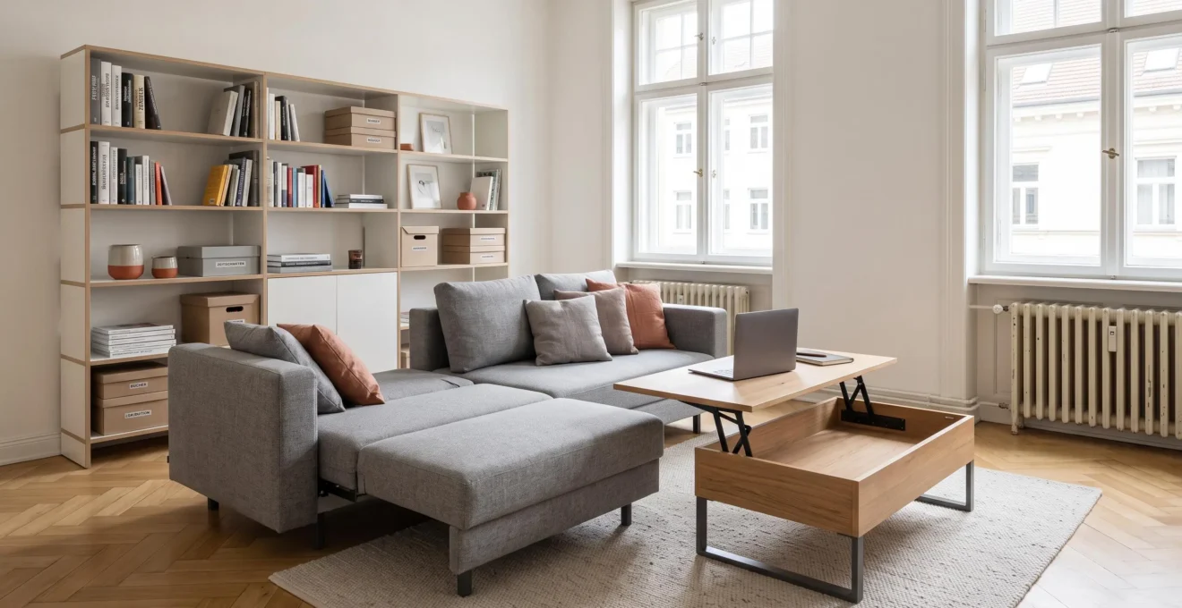 Modernes Wohnzimmer in deutscher Altbauwohnung mit modularem Sofa in teilweise umkonfigurierter Position, ausziehbarem Couchtisch als Arbeitsfläche und modularen Wandregalen, beleuchtet durch natürliches Licht aus traditionellen Sprossenfenstern