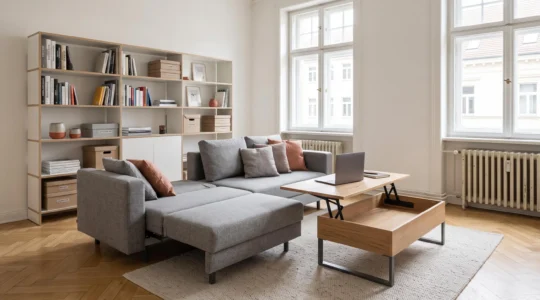 Modernes Wohnzimmer in deutscher Altbauwohnung mit modularem Sofa in teilweise umkonfigurierter Position, ausziehbarem Couchtisch als Arbeitsfläche und modularen Wandregalen, beleuchtet durch natürliches Licht aus traditionellen Sprossenfenstern