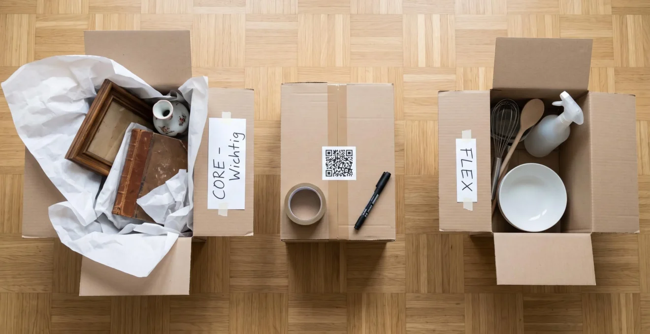 Organisierte Umzugsvorbereitung mit geöffneten Kartons auf Parkettboden: links sorgfältig in Seidenpapier verpackte sentimentale Gegenstände mit Etikett 'CORE - Wichtig', rechts funktionale Haushaltsgegenstände mit Etikett 'FLEX', verschlossener Karton mit QR-Code-Label in der Mitte