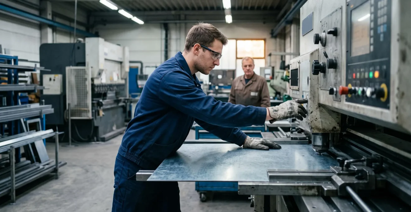 Ein Leiharbeiter bedient eine CNC-Stanzmaschine in einer deutschen Industriebuchwerkstatt, während eine Führungskraft im Hintergrund beobachtet.