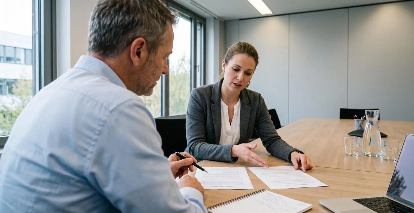 Ein Unternehmer und eine Personalmanagerin vergleichen zwei gedruckte Dienstleistungsverträge am Konferenztisch.